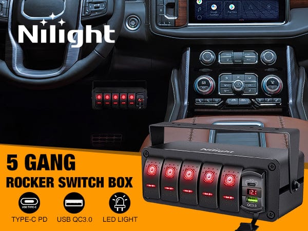 5Gang Aluminum ON/Off Rocker Switch Box w/ QC 3.0 Dual USB Charger Voltmeter with Red Backlit