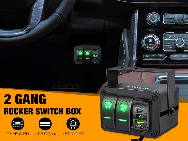 2Gang Aluminum ON/Off Rocker Switch Box w/ QC 3.0 Dual USB Charger Voltmeter with Green Backlit Nilight