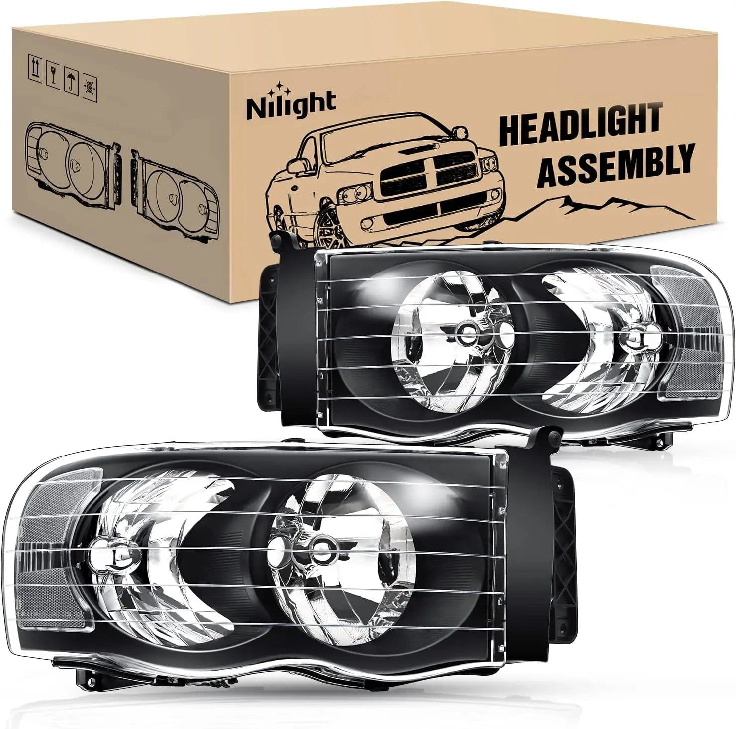 Headlight Assembly 2002-2005 Ram 1500 2500 3500 Headlight Assembly Black Case Clear Reflector