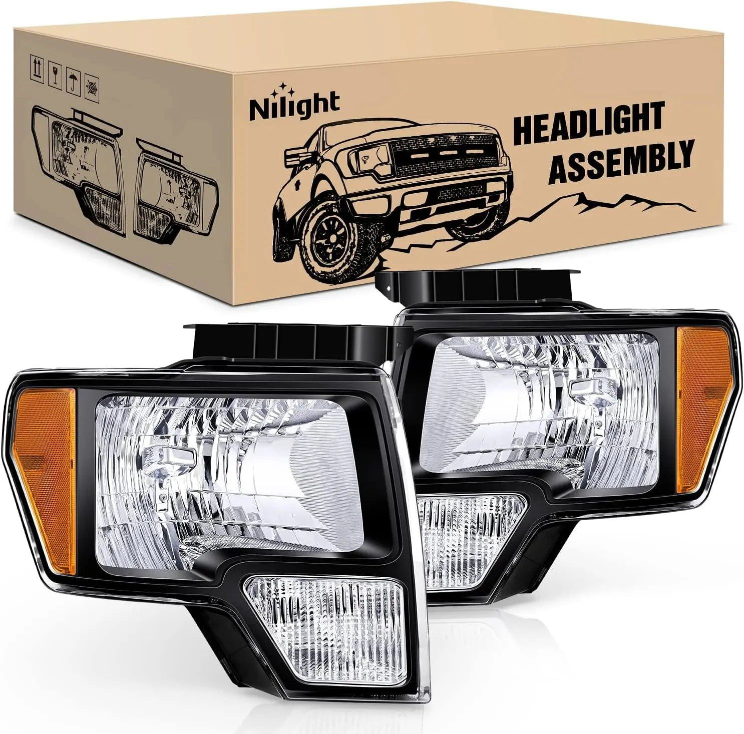 Headlight Assembly 2009-2014 Ford F150 Headlight Assembly Black Case Amber Reflector