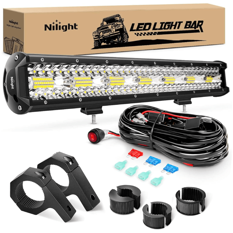 20" 420W 42000LM Triple Row Spot/Flood LED Light Bar | Horizontal Bar Clamp Mount | 16AWG Wire 3Pin Switch Nilight