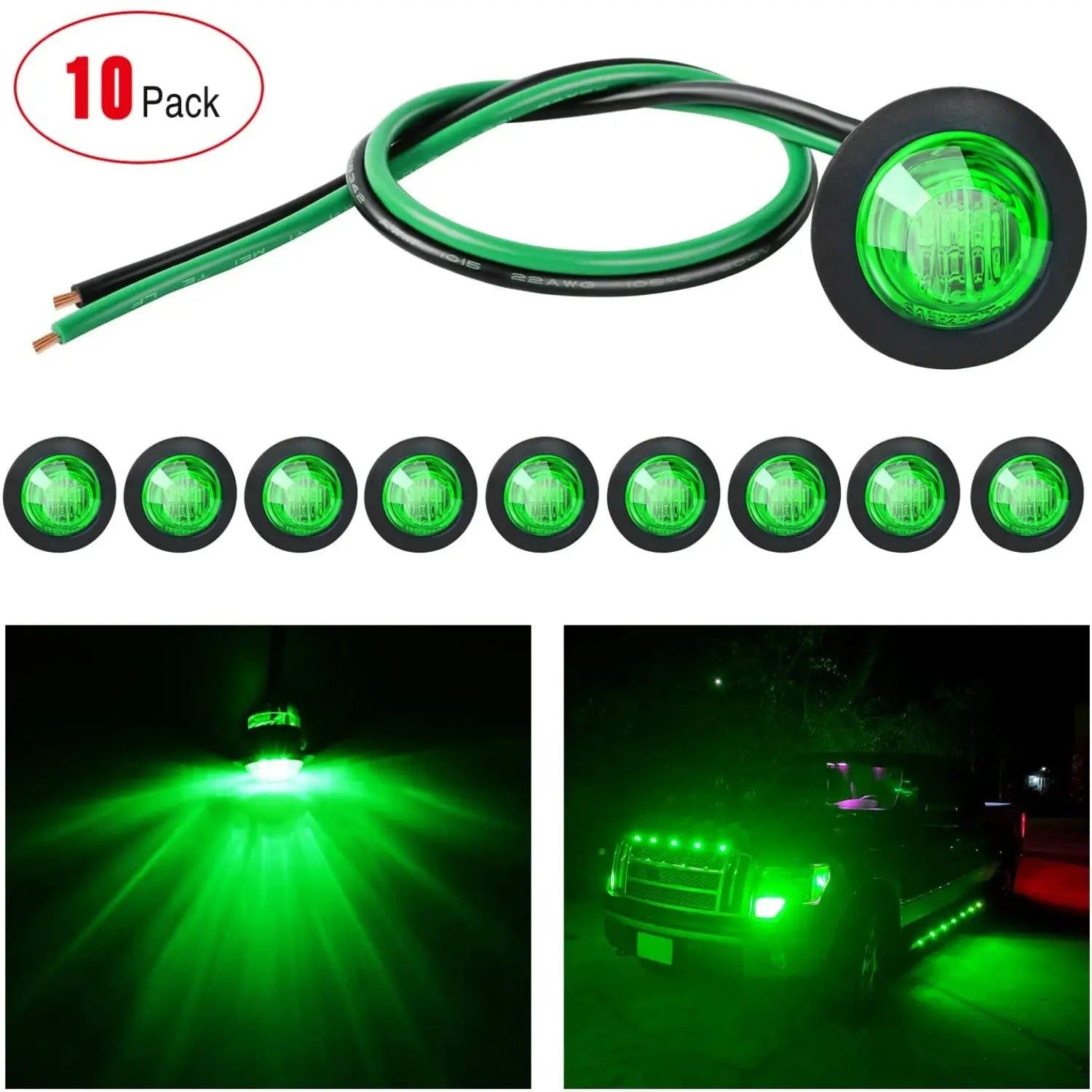 Trailer Light 3/4” Green Round LED Marker Lights (10 Pcs)