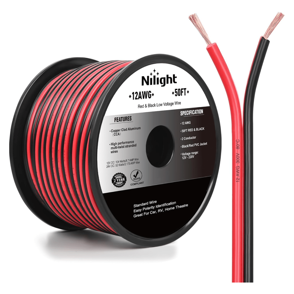 12AWG 50FT Copper Clad Aluminum Wire 12/2 Gauge Red Black CCA Electrical Cable 2 Conductor Parallel 12V/24V DC Flexible Extension Cords Nilight