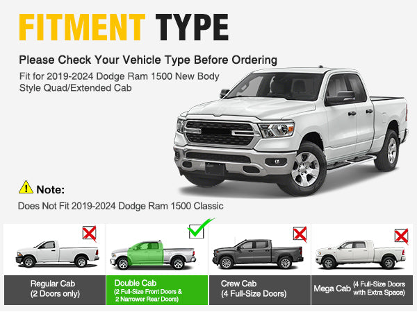 2019-2024 Dodge Ram 1500 Quad Extended Cab Running Boards 6 Inch Slip-Proof Stainless Steel Bolt-on Side Step Nerf Bars Running Boards
