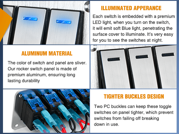 2Gang Aluminum 3Pin ON/Off Blue Led Rocker Switch Panel