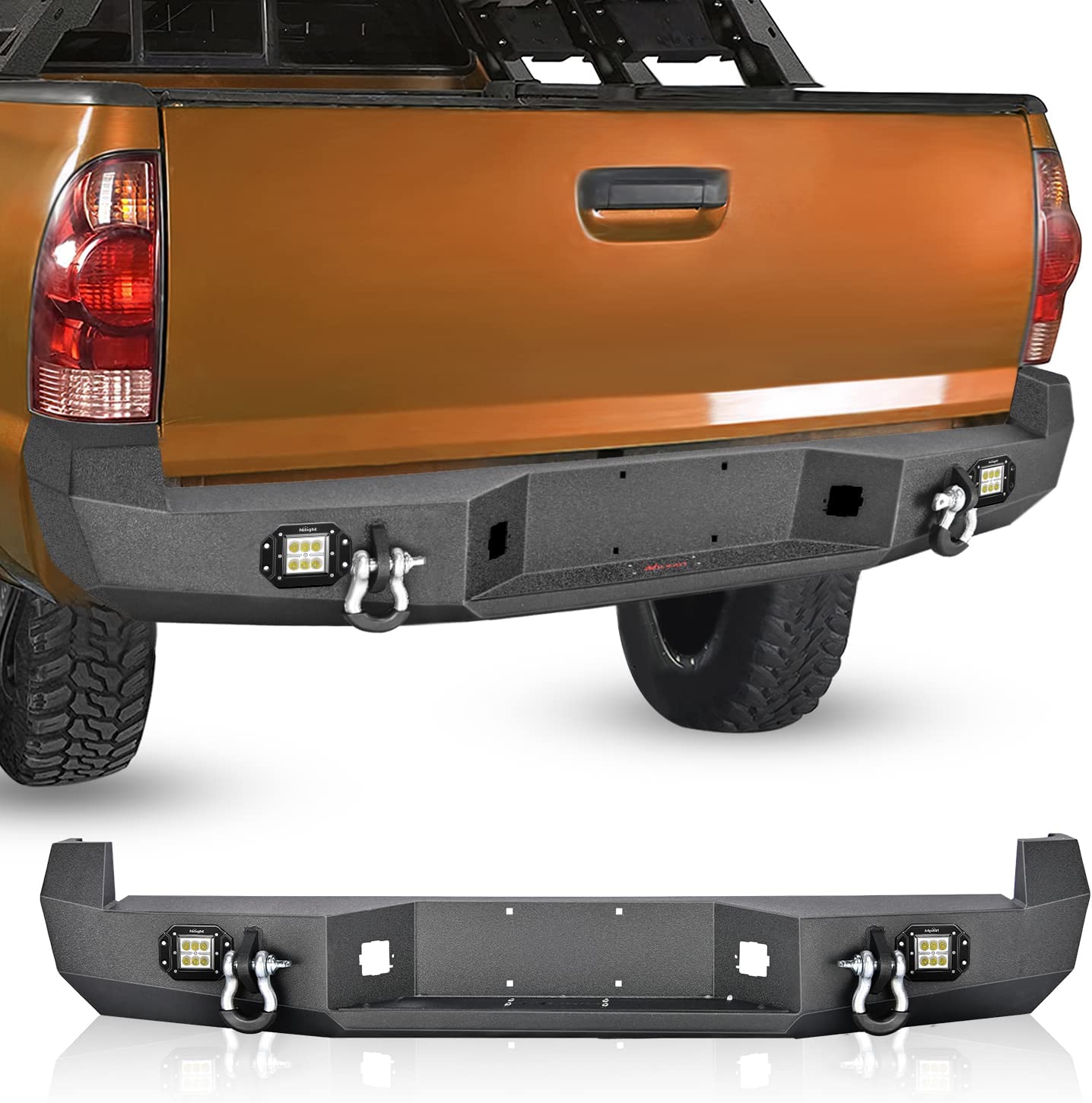 2005-2015 Toyota Tacoma Rear Step Bumper Full Width Textured Black Solid Steel 2Pcs Off-Road 18W Lights Pair D-Rings Nilight