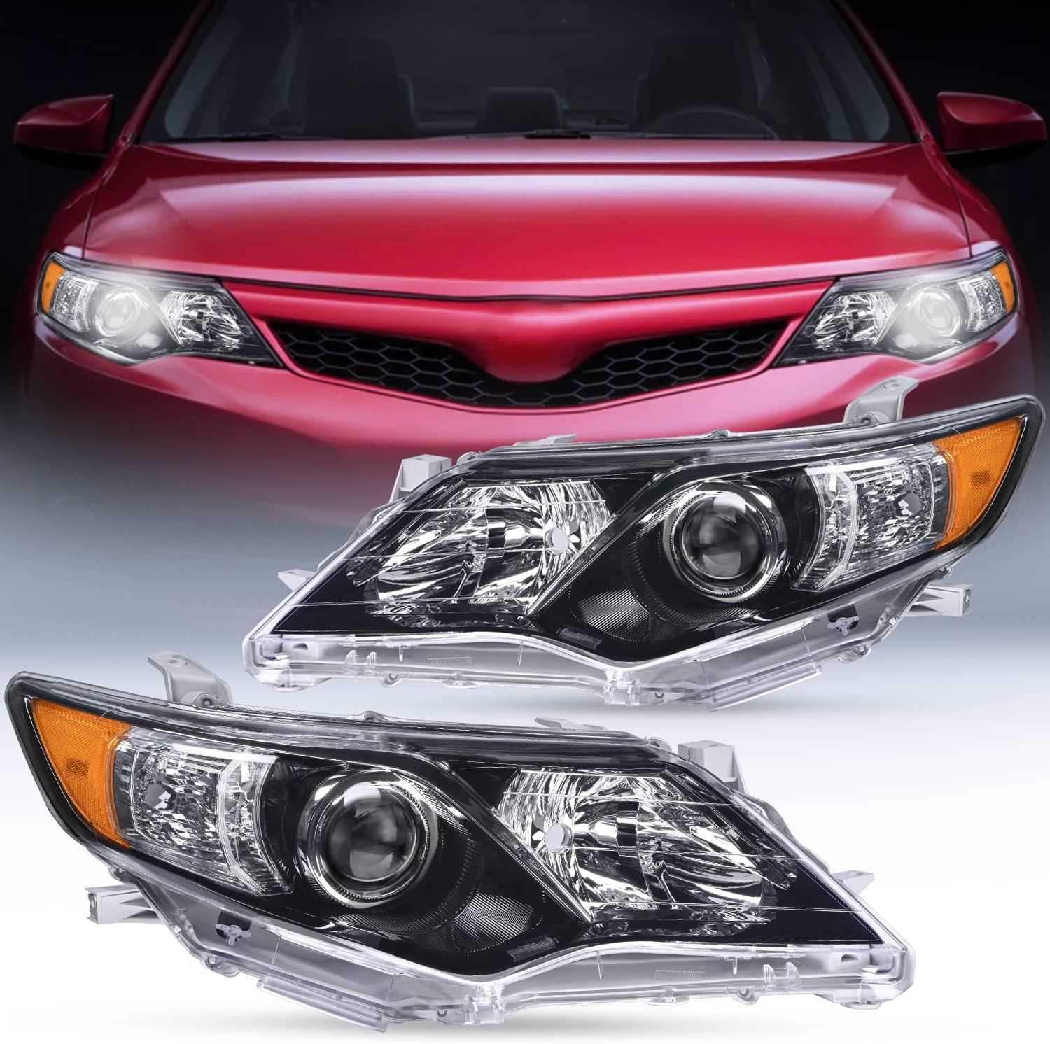 2012-2014 Toyota Camry L/LE/XLE/Hybrid LE XLE Headlight Assembly Black Housing Amber Reflector Nilight