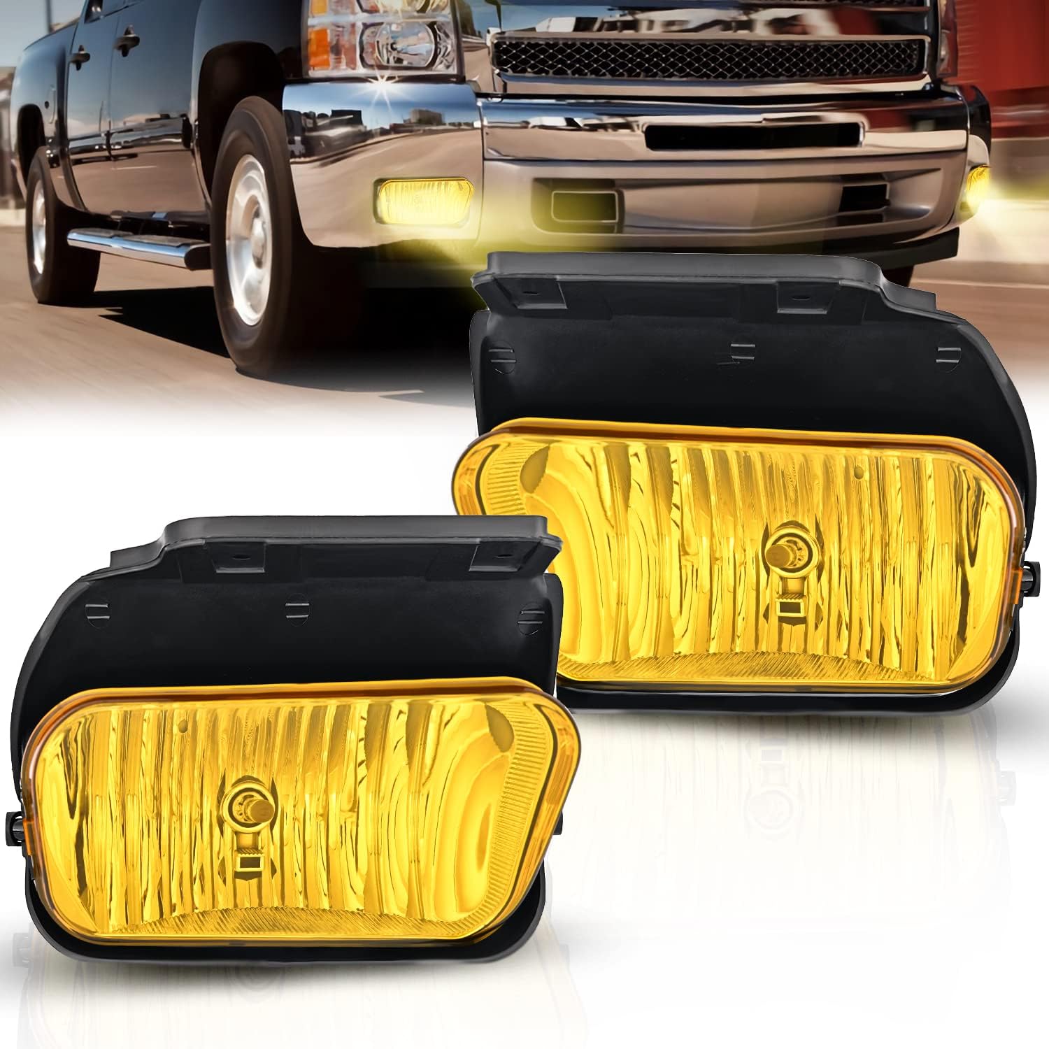 2002-2007 Chevy Silverado 1500 2500 3500 2002-2006 Avalanche Fog Light Assembly Body Cladding H10 Halogen Bulbs Amber Lens Nilight