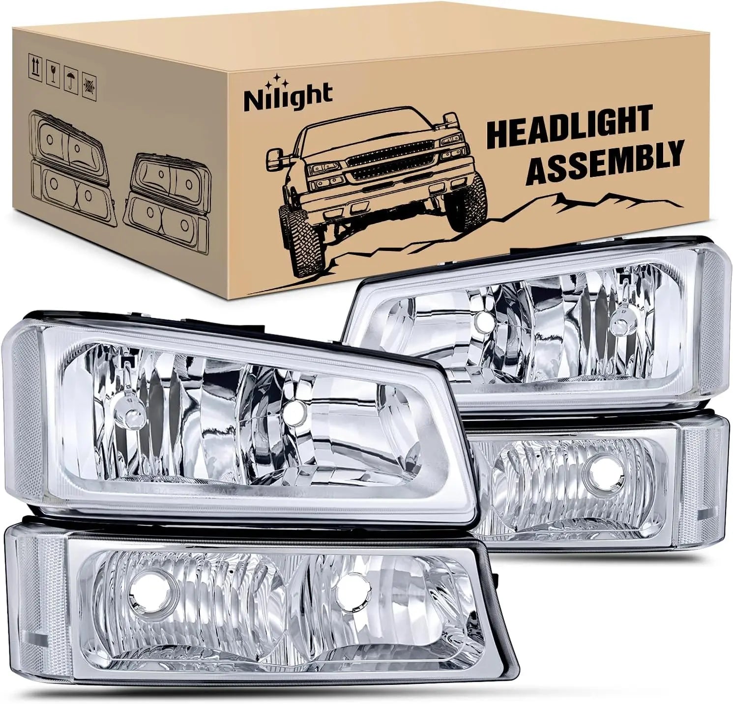 Headlight Assembly Chrome Case Reflector Clear Lens For 2003-2006 1500 1500HD 2500 25000 HD Silverado 2003-2006 Avalanche (Pair) Nilight