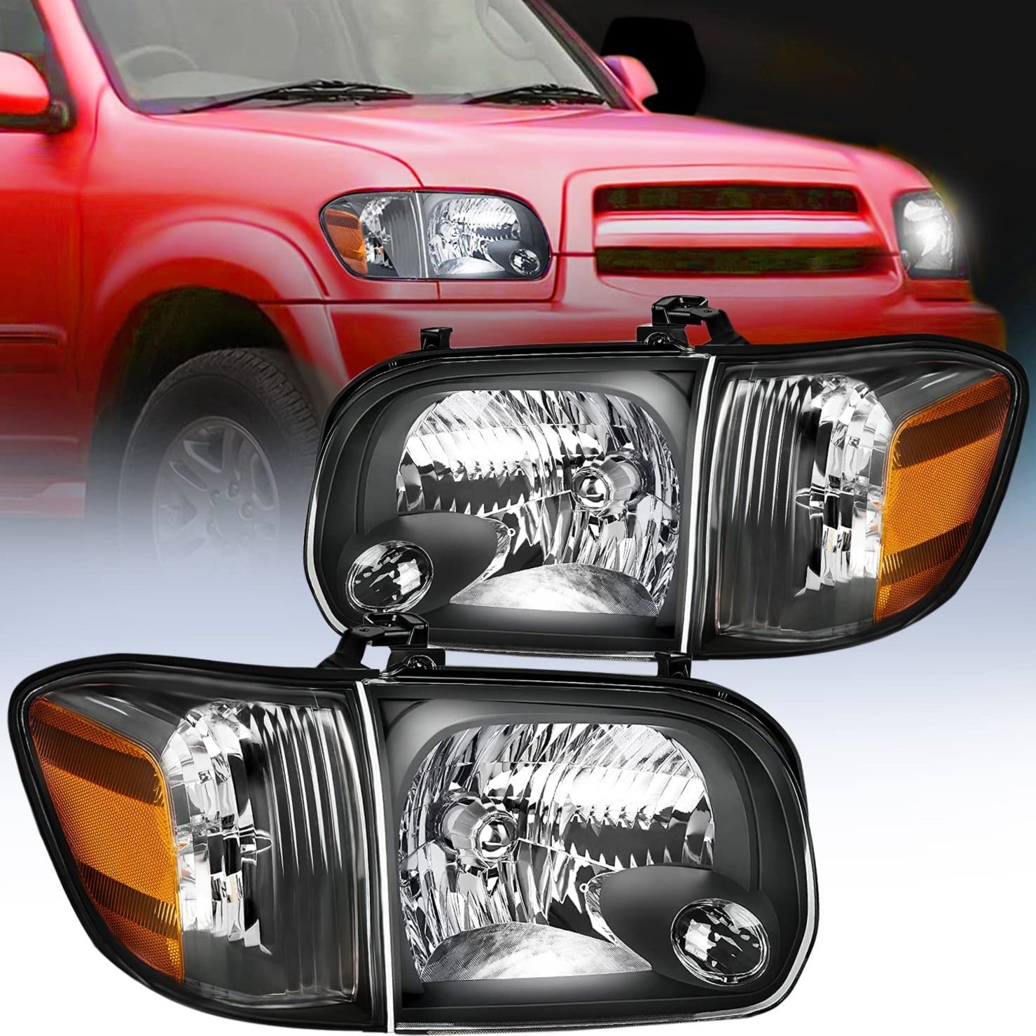 2005-2006 Toyota Tundra 4 Door Double Crew Cab 2005-2007 Sequoia Headlight Assembly Black Case Amber Reflector Nilight