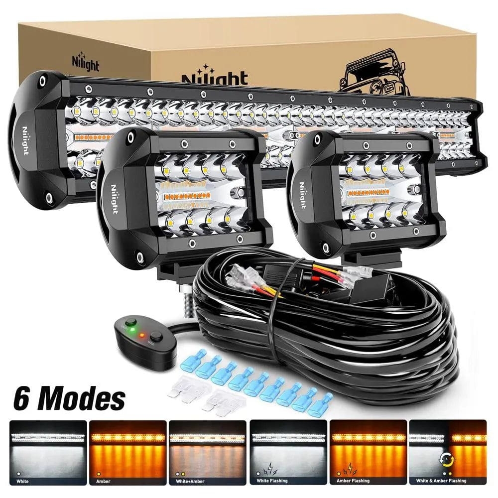 LED Light Bar 20" 420W Amber White Strobe Spot/Flood LED Light Bar Kit | 2PCS 4" 60W Light Pods | 16AWG Wire 3 Leads