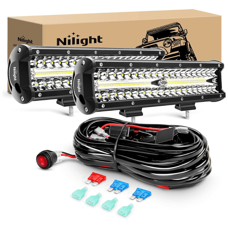 12" 300W 30000LM Triple Row Spot/Flood LED Light Bar (Pair) | 16AWG Wire 3Pin Switch Nilight