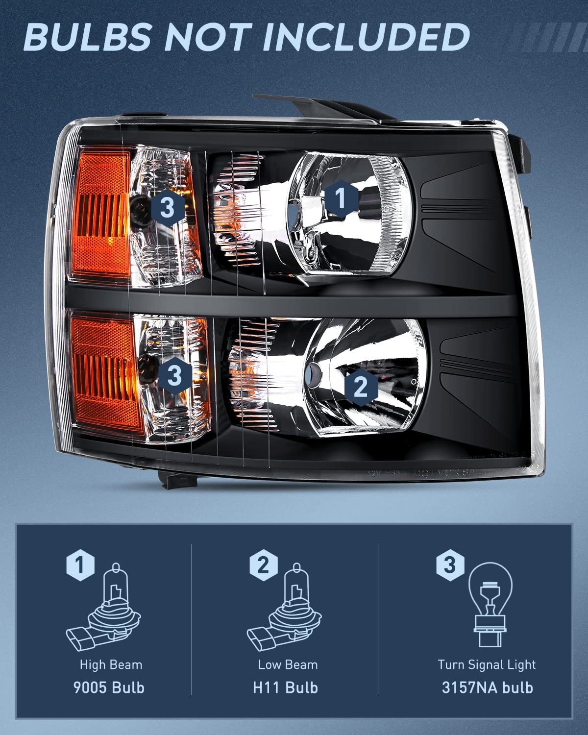 2007-2013 Chevy Silverado 1500 2007-2014 Silverado 2500HD 3500HD Headlight  Assembly Black Case Amber Reflector