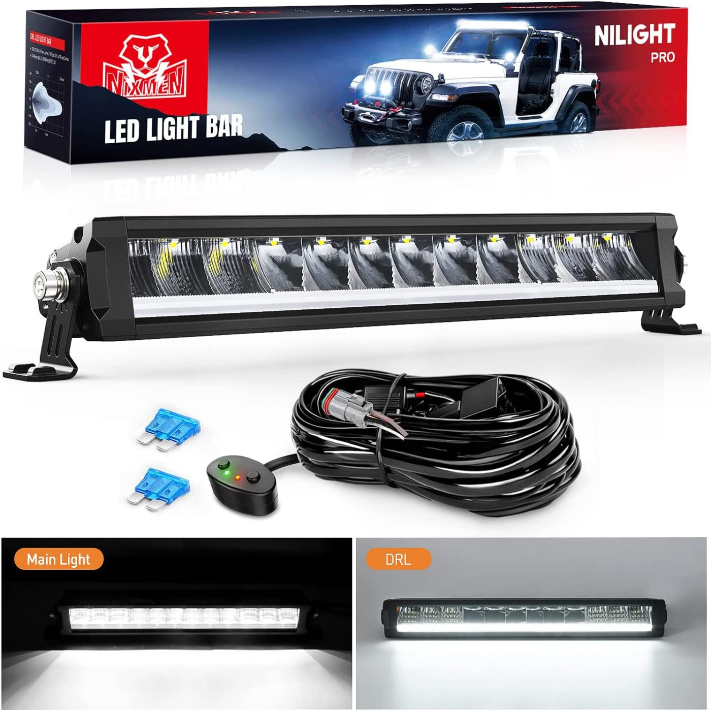 15.5" 60W 6650LM Slim Spot/Flood DRL LED Light Bar Kit | 16AWG Wire DT Switch Nilight