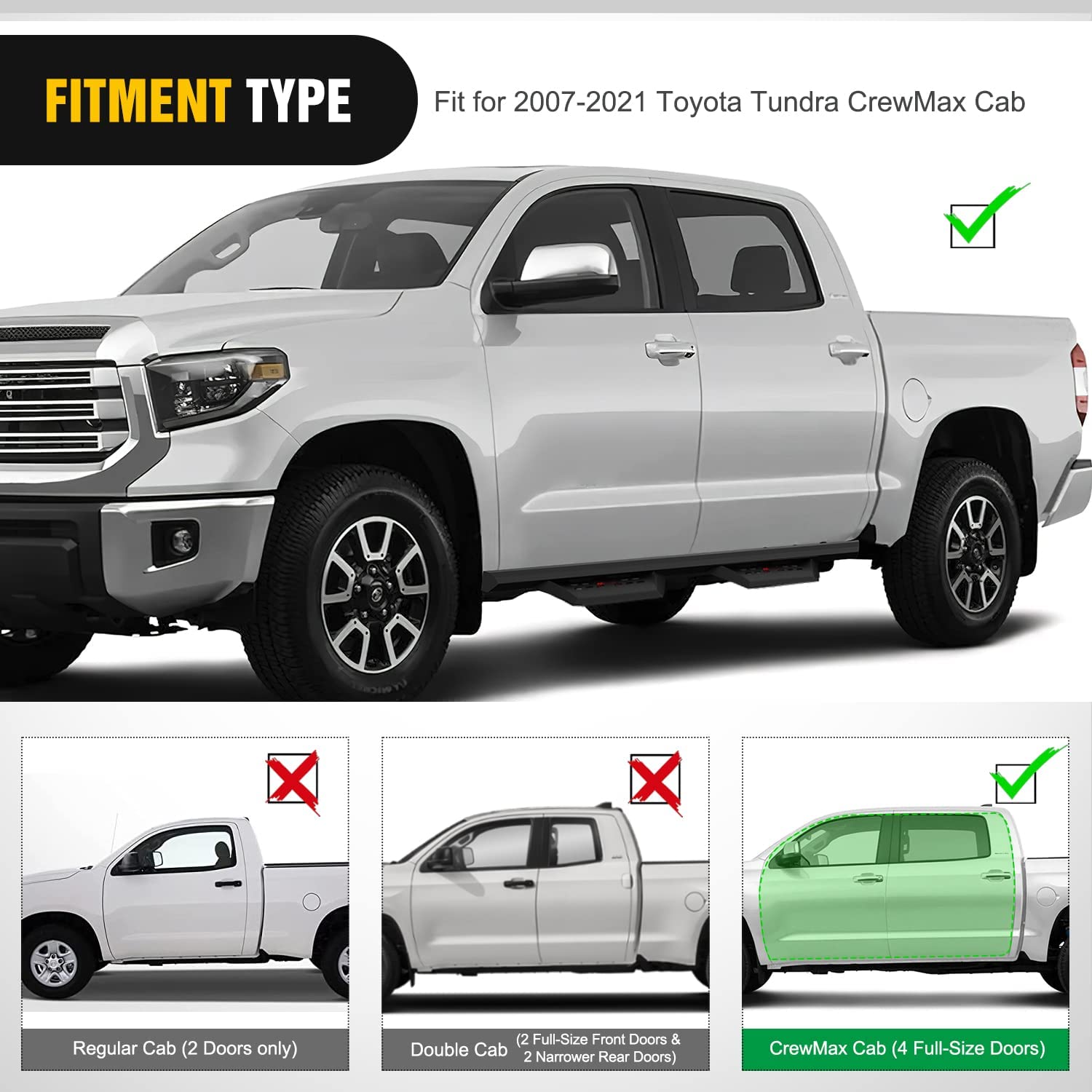 2007-2021 Toyota Tundra CrewMax Cab Running Boards 3.6 Inch Drop Side Steps  Bolt-on Black Powder Coated