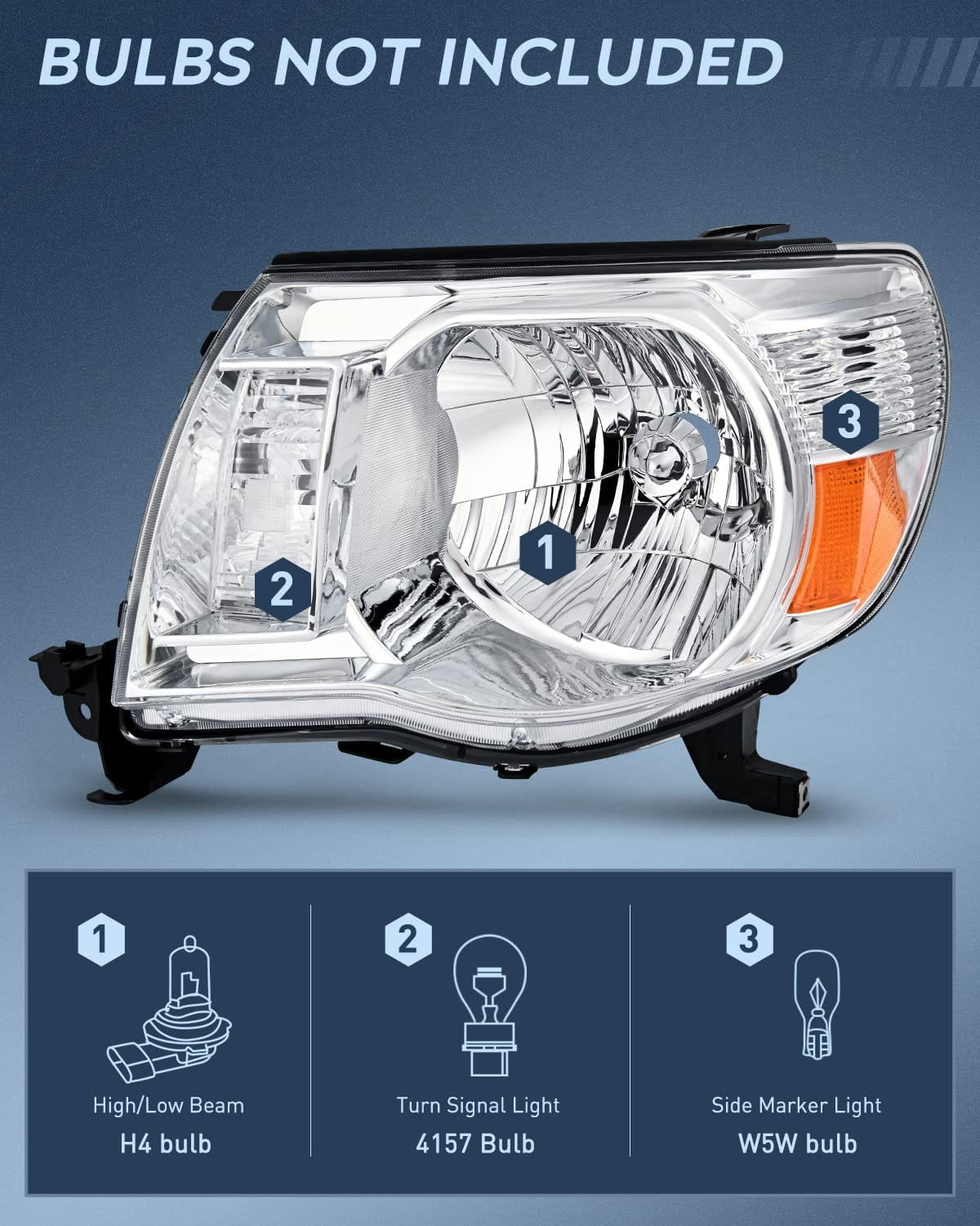 2005-2011 Toyota Tacoma Headlight Assembly Chrome Case Amber Reflector