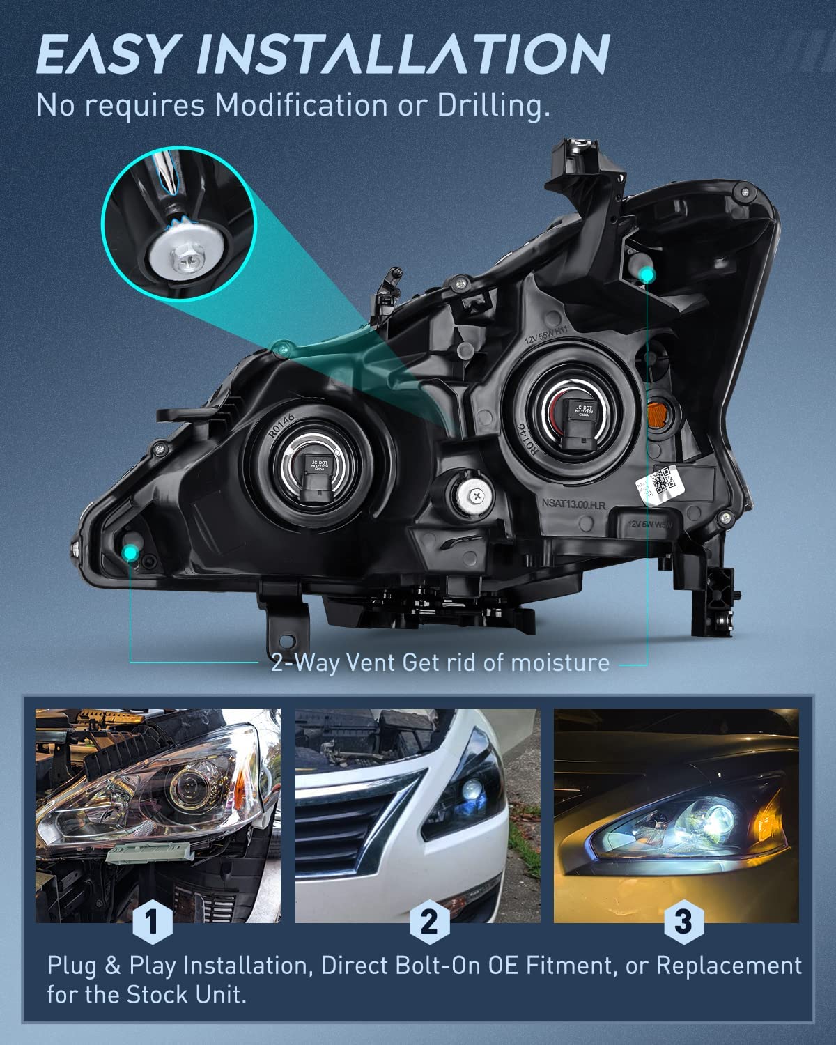 2013-2015 Nissan Altima 4 Door Sedan Headlight Assembly Black Case