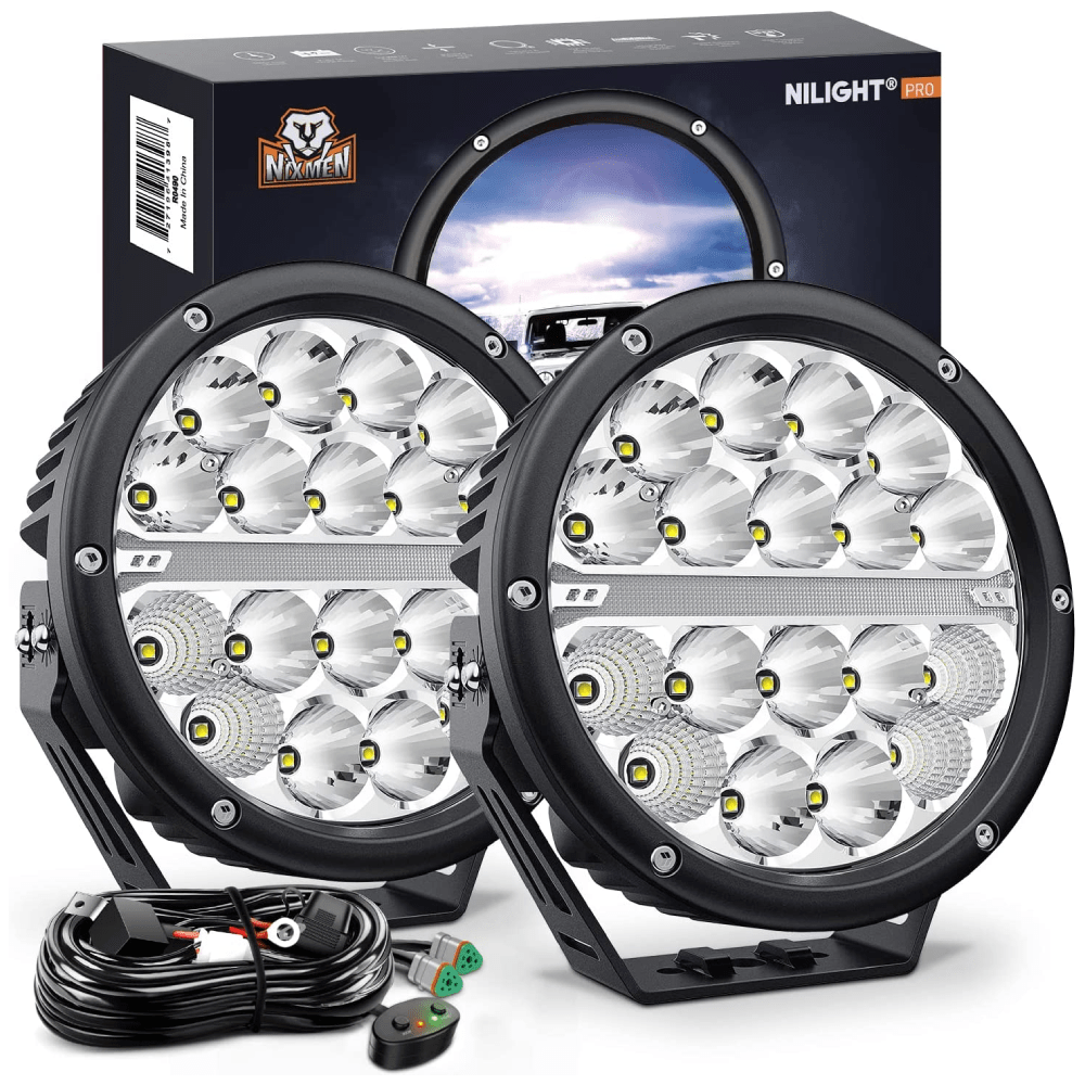 7" 90W 9850LM Round Spot/Flood Built-in EMC DRL LED Work Lights (Pair) | 12AWG DT Wire Nilight