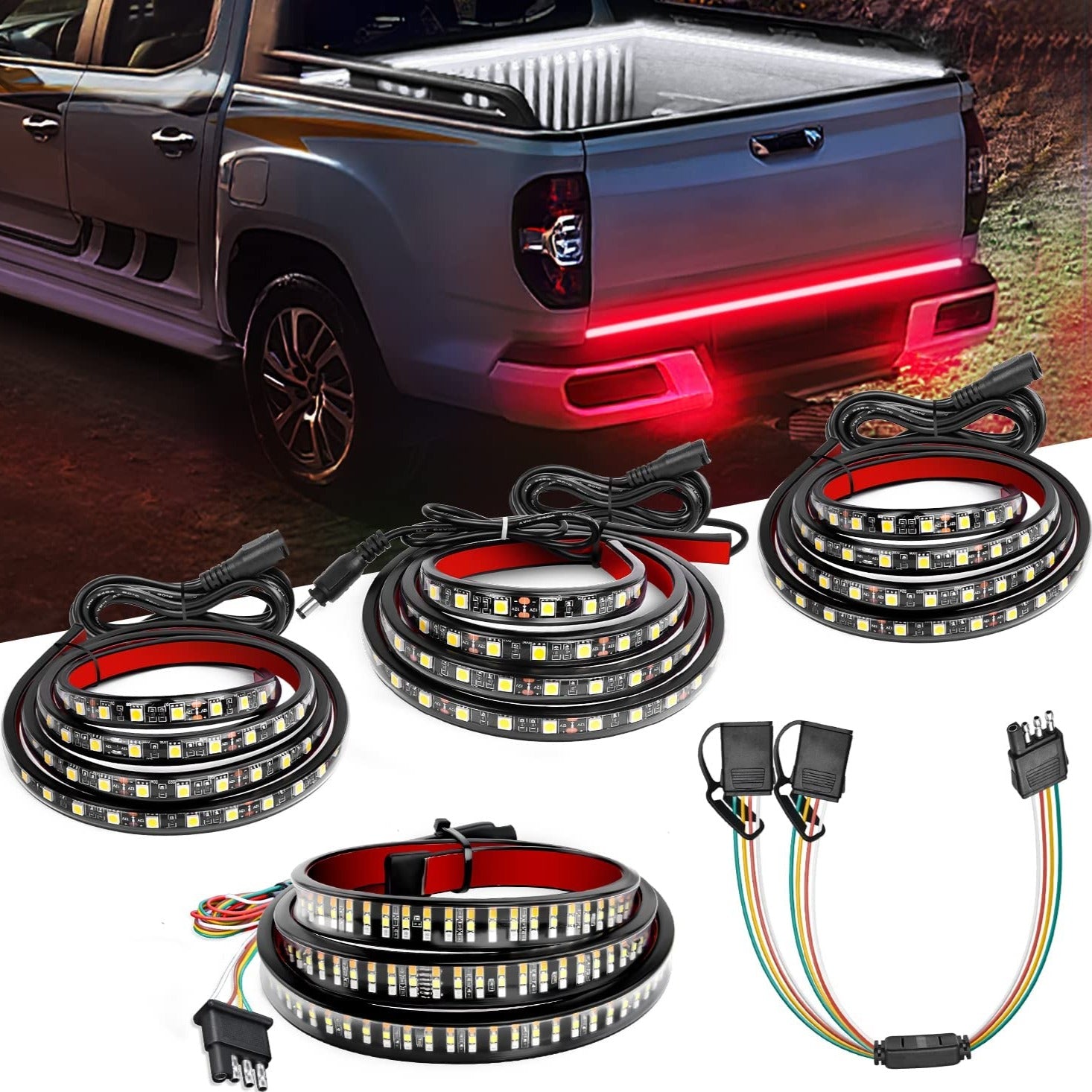 60” 504Leds Red White Amber Triple Row LED Tailgate Light Strip 4Way Y-Splitter 3PCS Nilight