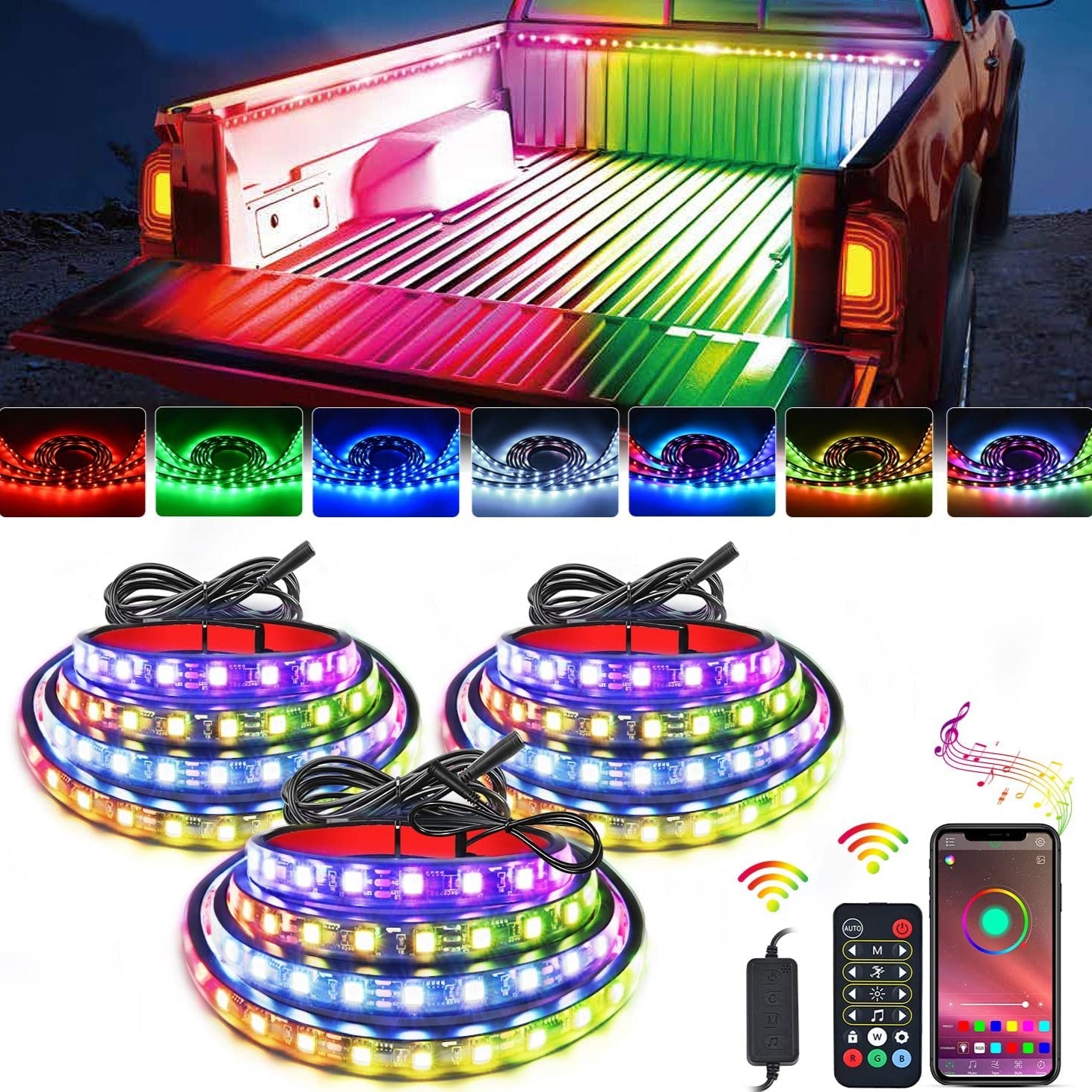 60” 135Leds RGBIC APP RF Remote Control LED Bed Light Strip 3PCS Nilight