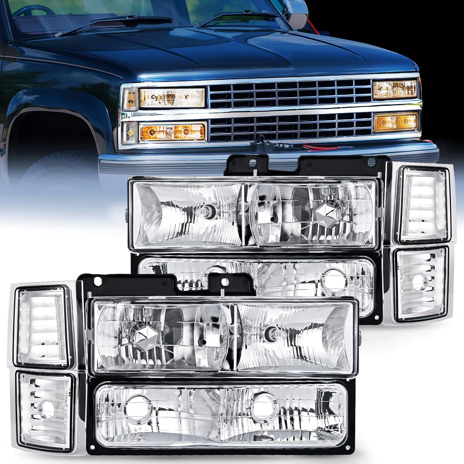 1994-1998 Chevy Silverado Tahoe Suburban C10 C/K 1500 2500 3500 Headlight  Assembly Chrome Case Clear Reflector