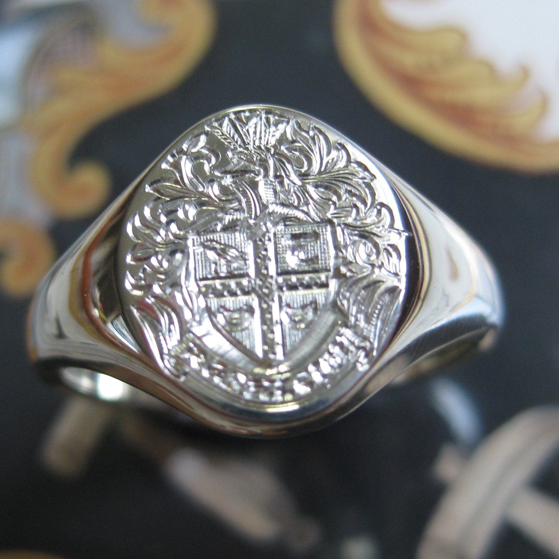 Family Coat of Arms Surface Engraved 14mm x 12mm - Sterling Silver ...