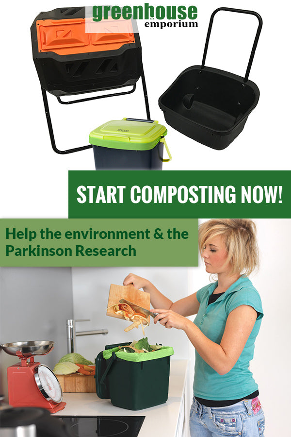 RSI Tumbler Composter with a black cart on the right, bin in the middle and green corn bags and below is a woman pouring compost inside the bin with the text saying Start composting now! Help the environment & the Parkinson Research