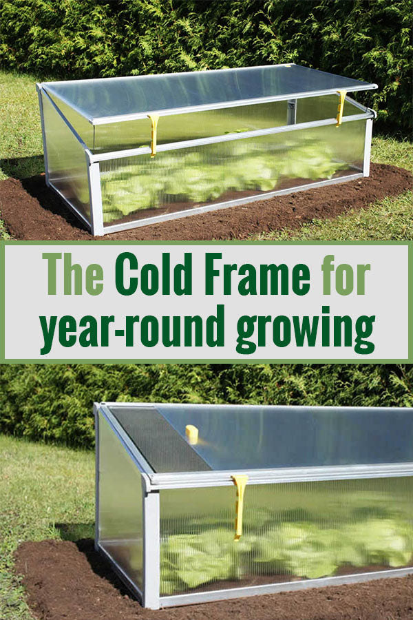 Slightly opened Juwel Year-Round Cold Frame above and fully opened cold frame below with the text in the middle saying Year-round gardening for small spaces with the Jewel Cold Frame