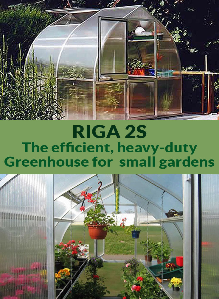 Riga 2s exterior view on top with open roof and upper part of the door then Riga 2s interior view below with text in the middle saying Riga 2s Rge efficient, heavy-duty Greenhouse for small gardens.