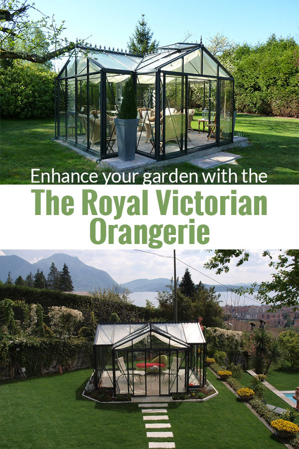 Janssens T-Shaped Royal Victorian Orangerie 10ft x 16ft set up in a beautiful garden with great landscapes and below is a front view with the text in the middle saying  Enhance your garden with The Royal Victorian Orangerie