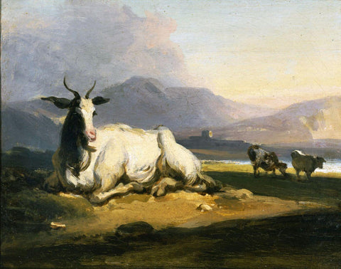 A goat sitting in a mountainous river landscape - George Chinnery - c 1815 - Vintage Orientalist Painting of India - Large Art Prints