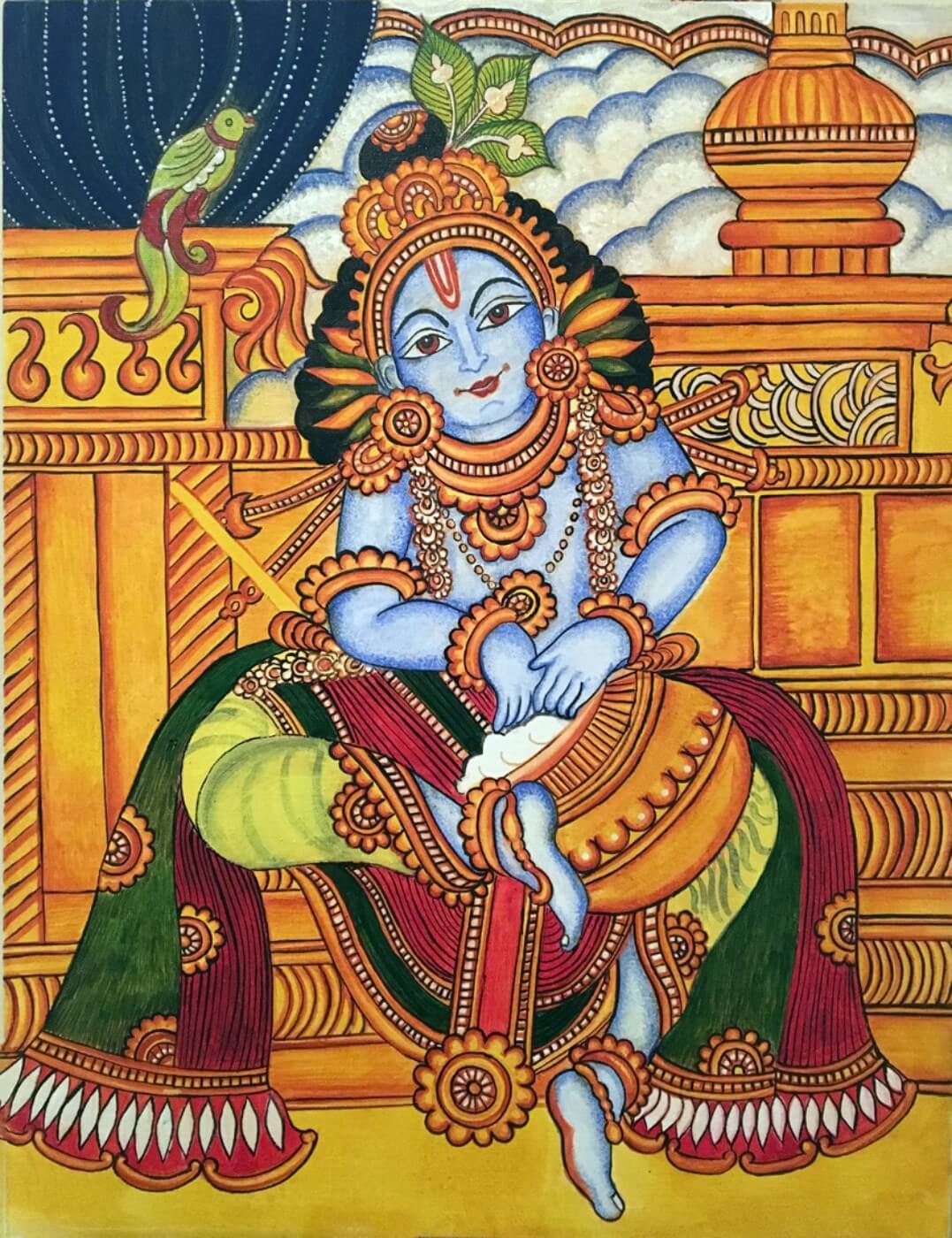 Bal Gopala Krishna Enjoying Butter - Kerala Mural Painting ...