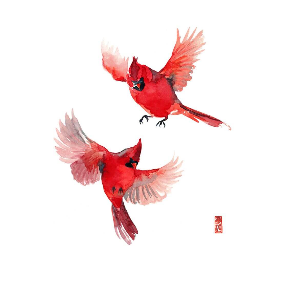 Cardinals Take Wings Watercolor Painting Bird Wildlife Art Print Poster By Sina Irani Buy Posters Frames Canvas Digital Art Prints Small Compact Medium And Large Variants