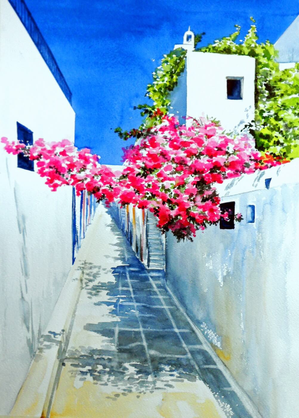 Watercolor Painting - Bougainville Blooms In Mediterranean ...