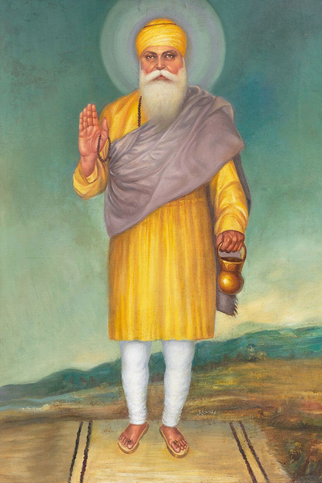 Guru Nanak Dev Ji with Hand Raised in Blessing - Indian Sikh Art ...