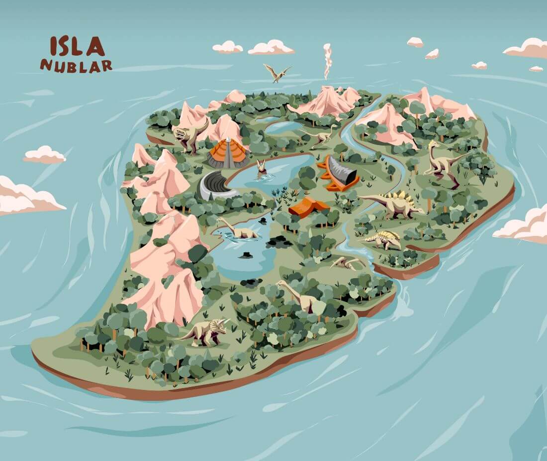 Isla Nublar Jurassic Park Island Map With Dinosaurs Hollywood Movie Poster Posters By 