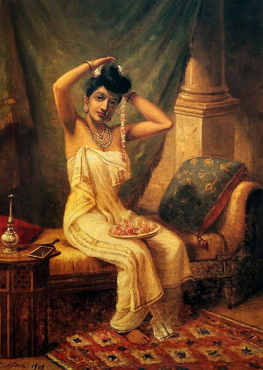 A Nair Lady Adorning Her Hair with a Garland of Jasmine