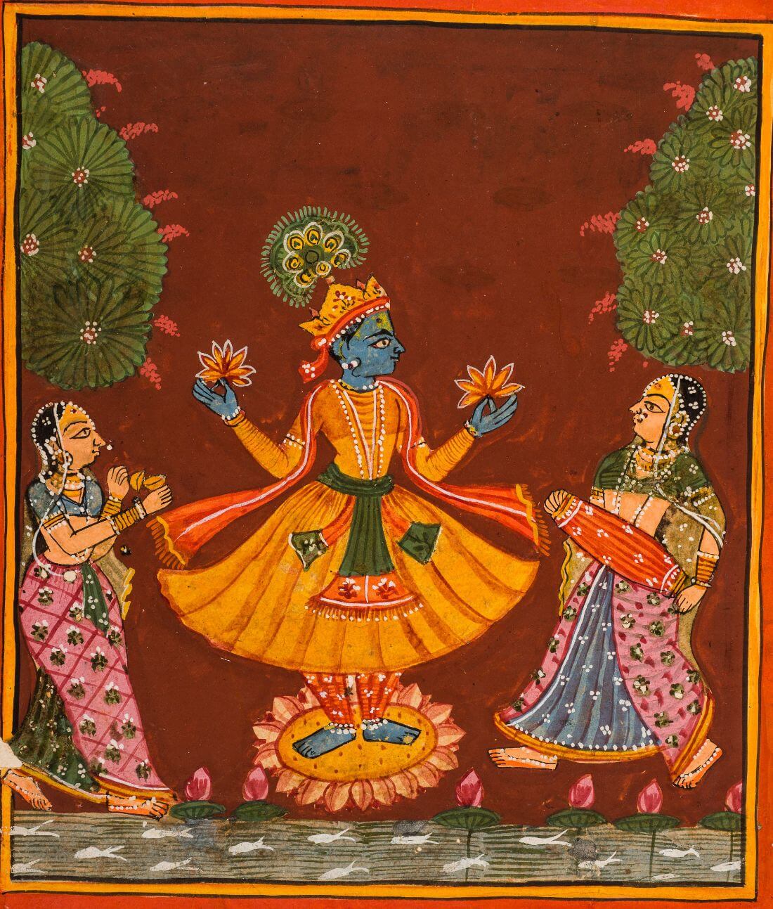 Lord Krishna On A Lotus With Wives Rukmini And Satyabhama ...