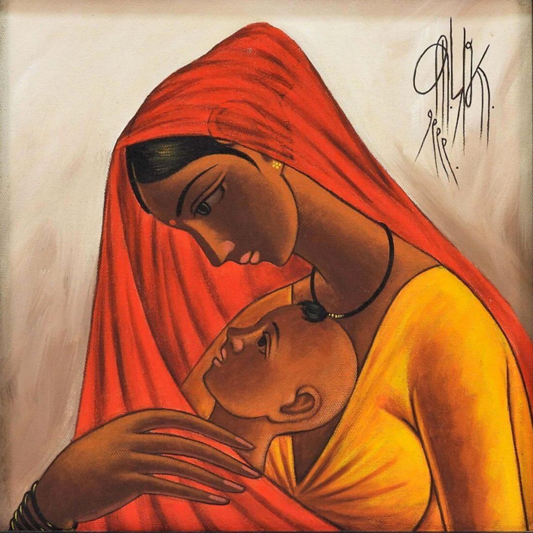 Mother And Child - B Prabha Indian Art Painting - Posters by B ...