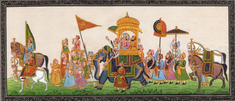 Rajasthan Maharajah Procession Art Handmade Indian Royal Ethnic Folk Painting - Vintage Indian Miniature Art Painting - Framed Prints