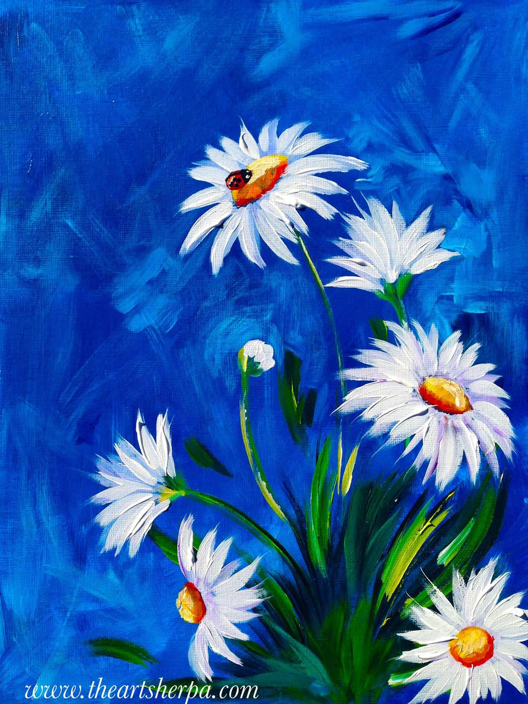 Oil Painting - White Flowers with Blue Background - Posters by Sam ...