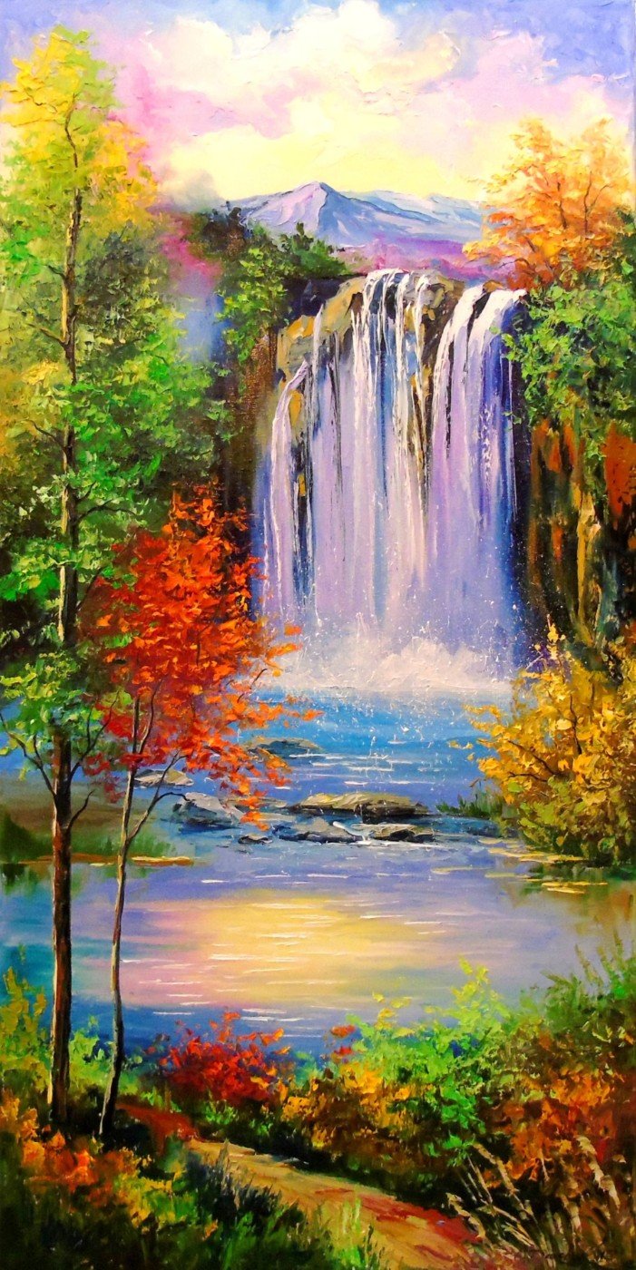 Mountain Waterfall Painting - Canvas Prints by Janet Simmons | Buy ...