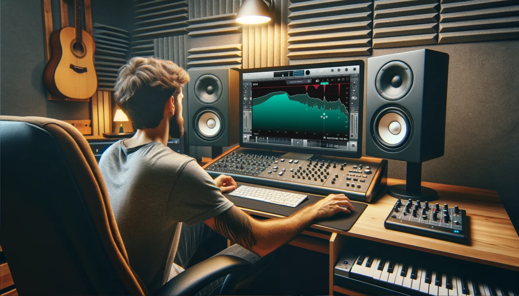 A panoramic image of a music producer in a home studio setting, working on mastering a track on a digital audio workstation (DAW)