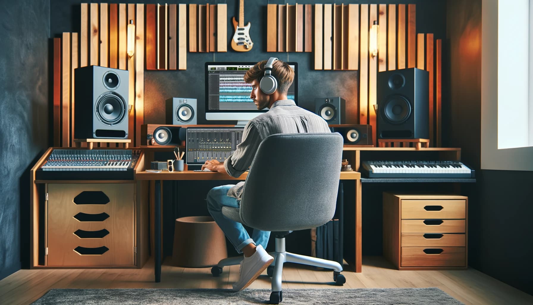 An image depicting a music producer in a modern, well-equipped home studio, intensely focused on mastering a track on his computer. The studio is ador