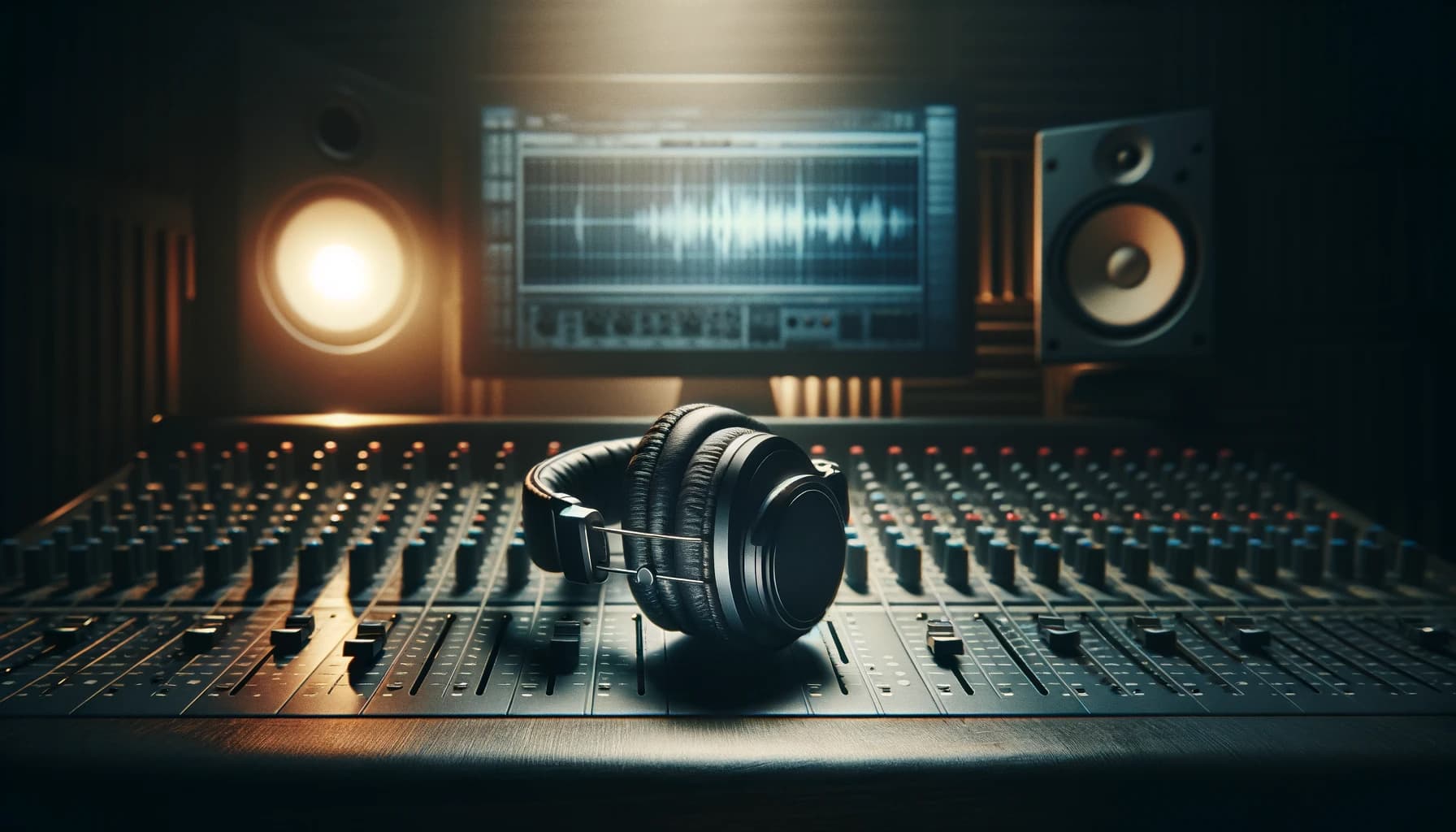 An artistic image focusing on a pair of high-quality studio headphones resting on a mixing console in a dimly lit room, symbolizing the solitary