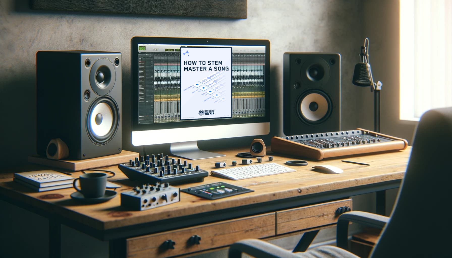 A music producer desk with a Stem mastering guide eBook on the screen