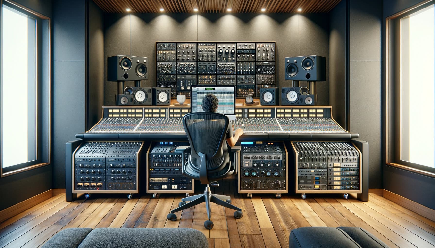 An image depicting the interior of a high-end professional mastering studio, focusing on the mastering engineer's workspace.