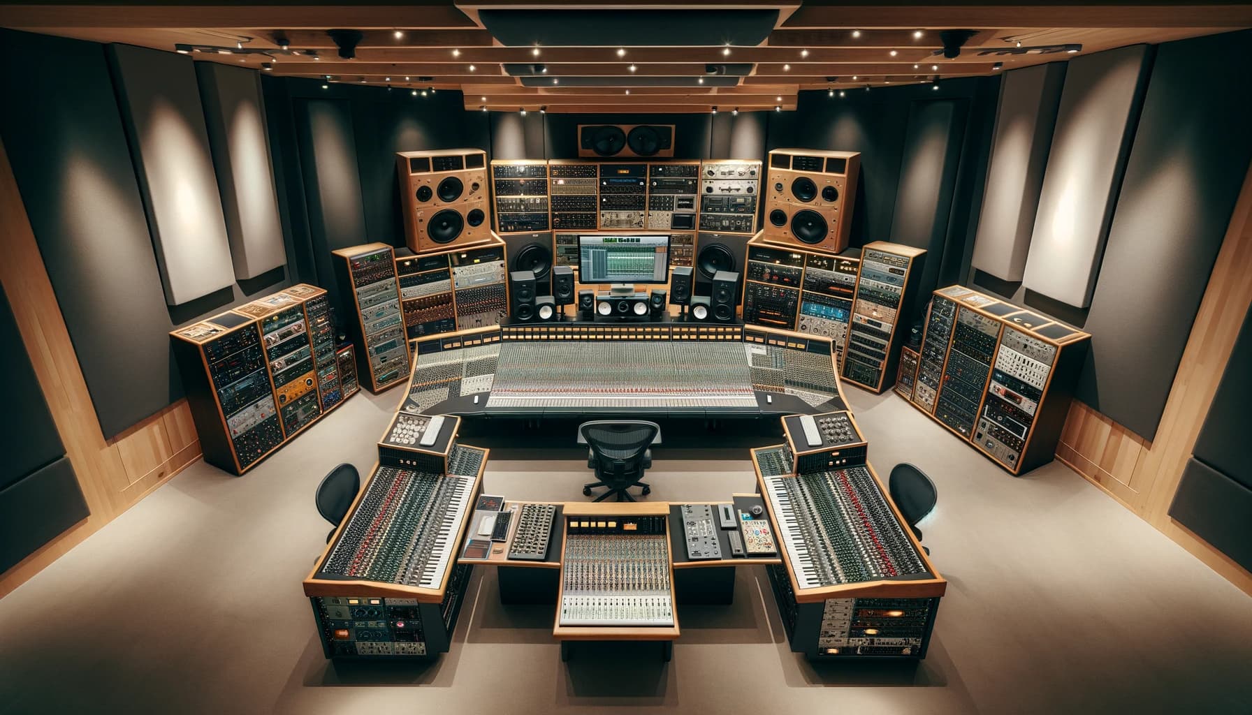 An image showcasing a bird's-eye view of a professional mastering studio, capturing the expansive layout filled with high-end audio equipment.