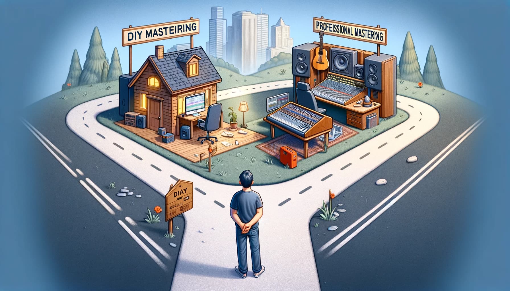 An image creatively illustrating the decision-making process in mastering, featuring a music producer standing at a crossroads.