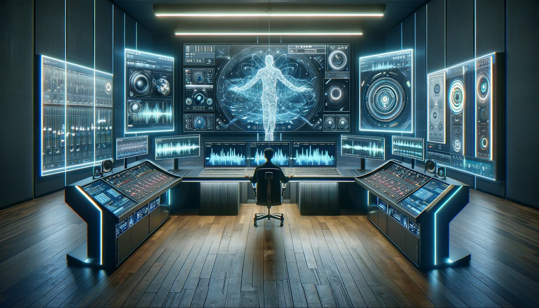 A wide image visualizing the concept of AI in audio mastering, in a high-tech, futuristic studio setting. The image should feature a sleek, modern world